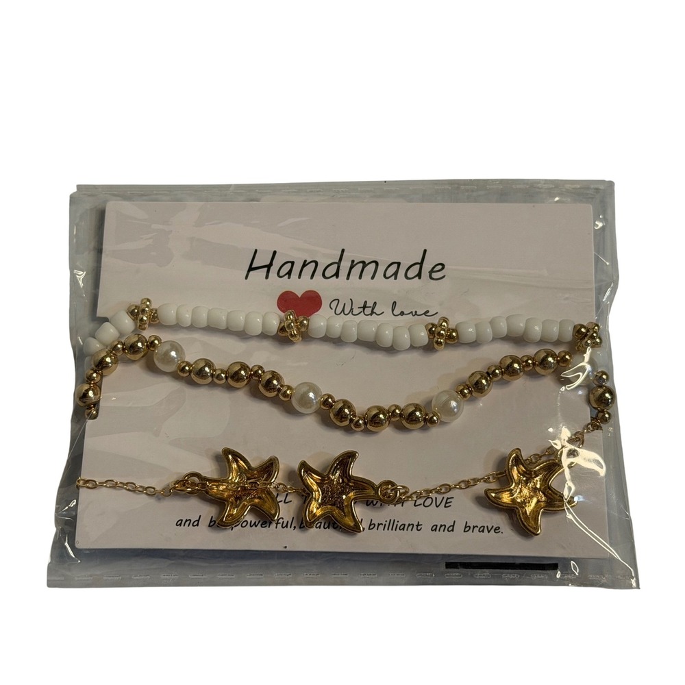 Reyife Ankle Bracelet 3pc Set Gold White Starfish Cowrie Shell‎ Boho Chic Anklet